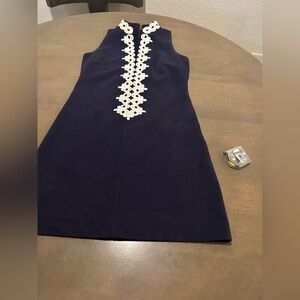Lilly Pulitzer Navy Blue Midi Dress with White Floral Accents